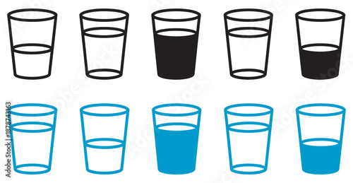 Water glass icon pack, flat blue and black outline, including tall, full, half, empty glasses, milk and water line symbols.