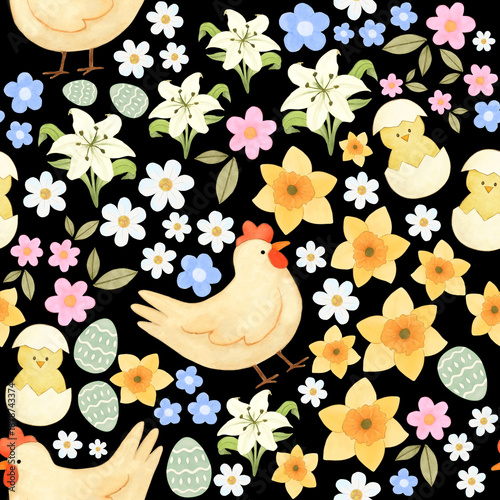 Billede på lærred The charm of tiny flowers garden farm house in pastel colors, small animal seaml