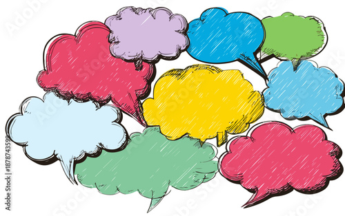 Conjunto de balões de diálogo coloridos desenhados à mão com fundo transparente para comunicação e ideias.