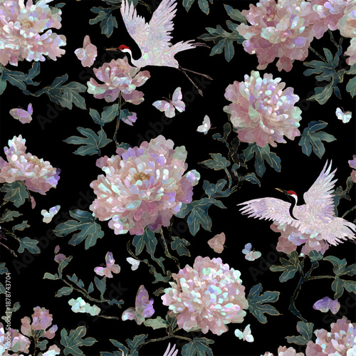 Seamless luxury Korean traditional mother of pearl lacquerware pattern with iridescent peonies and cranes on black background (검은 배경 위 영롱한 모란과 학이 있는 럭셔리 한국 전통 나전칠기 연속 패턴)