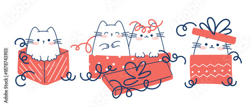 Draw funny cats with gift boxes for christmas and winter  character collection funny cats for Christmas and New year. Doodle cartoon style.