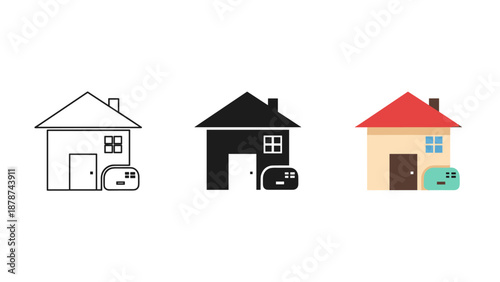 Three colorful houses with cars in driveway on white background
