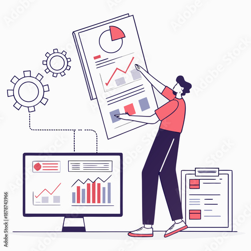 business woman drawing chart. A person managing business data and analyzing financial reports with charts on screen. This flat illustration depicts a character actively engaged in data analysis 