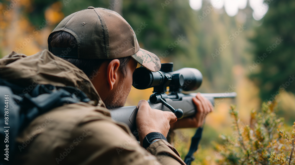 Fototapeta premium Focused hunter aiming a scoped rifle while stalking wildlife in a forest during autumn.