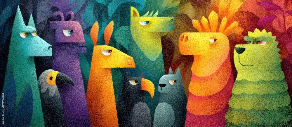 Fototapeta premium Colorful group of stylized animals with diverse expressions amidst vibrant foliage