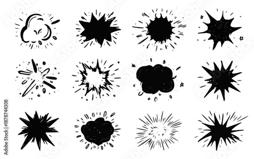 Coleção de explosões e estrelas de quadrinhos desenhadas à mão com fundo transparente para design gráfico.