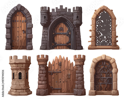 Conjunto de seis portas e portões medievais de fantasia com fundo transparente para design de jogos.