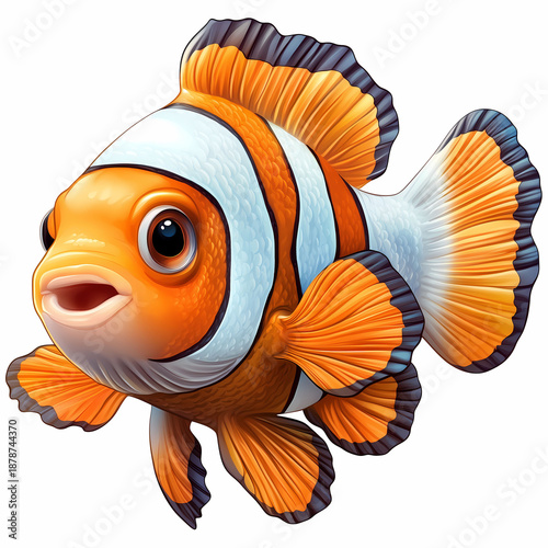 A colorful cartoon illustration of a tropical orange clownfish with white stripes and yellow fins swimming isolated on a white background as a vibrant marine nature