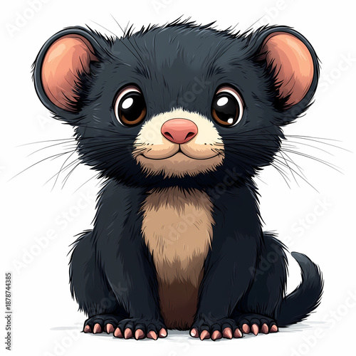 A cute cartoon illustration of a funny baby mouse character isolated on a white background featuring a feline pet and tiny rodent friend in a fun art drawing style