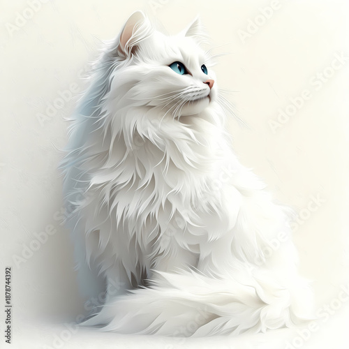 An adorable fluffy white Persian kitten with beautiful blue eyes sits as a young domestic pet mammal in this isolated portrait of a cute furry feline breed with long hair