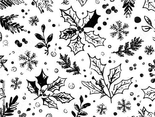 Padrão sem emendas desenhado à mão de azevinho, flocos de neve e bagas em estilo esboço monocromático.
