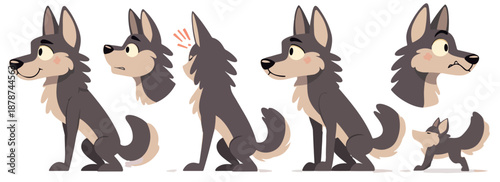 Conjunto de ilustrações de lobo animado em diferentes poses e expressões faciais com fundo transparente.