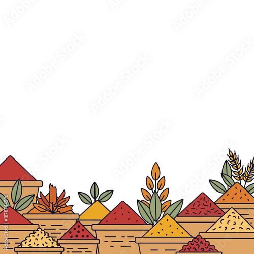 Colorful assortment of powdered spices and herbs in woven containers, perfect for culinary inspiration