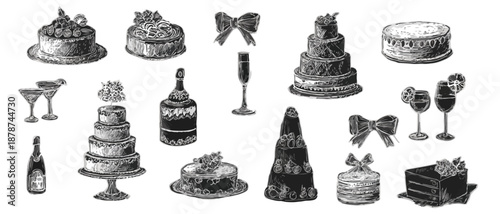 Coleção vetorial em preto e branco de bolos de casamento, champanhe e taças para celebrações festivas.