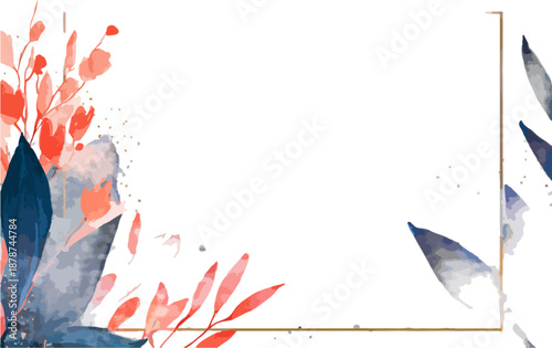 Moldura floral aquarela abstrata em tons de coral e azul marinho com espaço para texto em fundo branco.