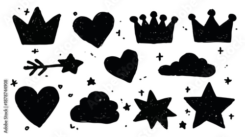 Conjunto de ícones desenhados à mão em preto e branco, coroa, coração, nuvem e estrela com fundo transparente.