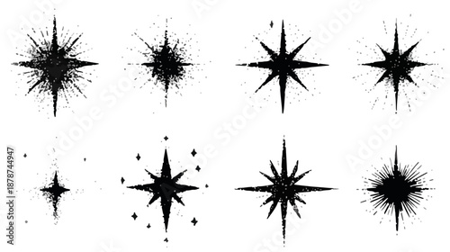 Conjunto de oito estrelas vetoriais pretas com diferentes estilos de brilho e pontas, isoladas em fundo transparente.