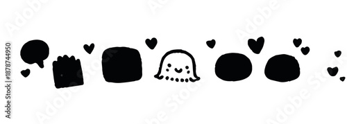 Ícones divertidos em preto e branco com um fantasma fofo e corações, ideais para design transparente.