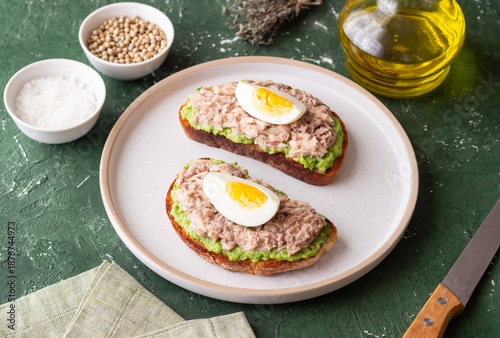Bruschetta with tuna, avocado and egg. Healthy eating. Breakfast.