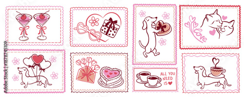 Valentine's Day stamp set with cute dachshund dogs, cats, and romantic doodles. Hand-drawn vector stickers with hearts, gifts, and cocktails for greeting cards, set features charming hand-drawn