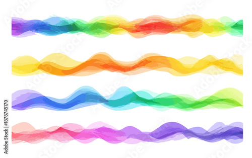Conjunto de quatro ondas abstratas em aquarela, linhas onduladas coloridas e transparentes sobre fundo branco.