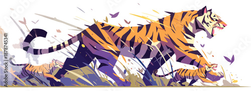 Ilustração vetorial estilizada de uma tigresa feroz protegendo seus filhotes em meio à vegetação com fundo transparente.