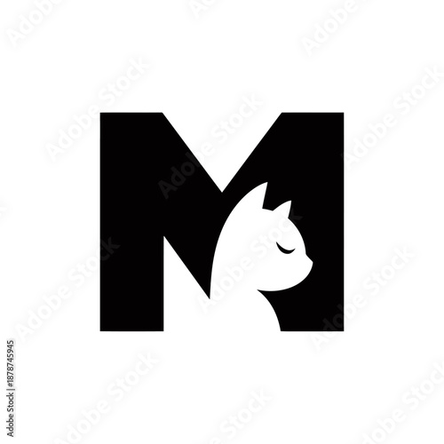 A minimalist design with a cat silhouette incorporated into the letter M