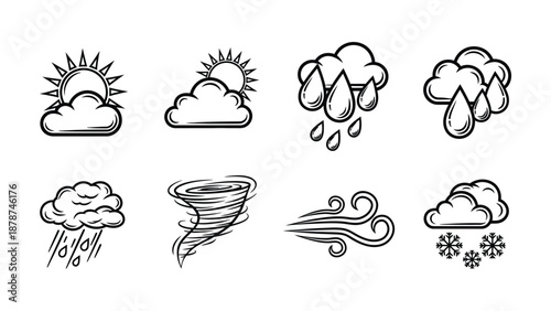Weather outline icons set showing sun, clouds, rain, and wind
