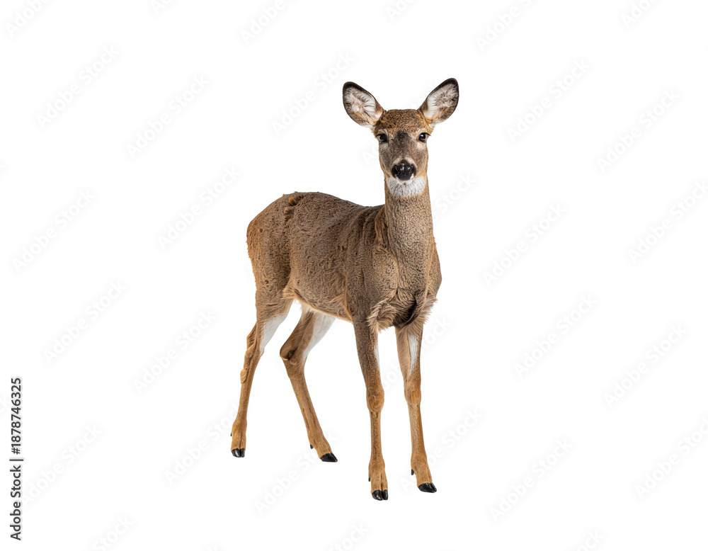 Fototapeta premium Young white-tailed deer standing alert in a clean white background