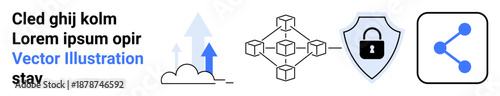 Data security, cloud storage, blockchain networks, file sharing, digital safety, decentralized systems. Iconic visuals show cloud arrows, blockchain grid, secure shield and network sharing symbol