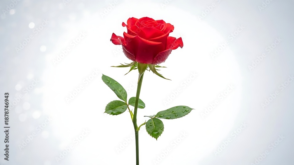 Obraz premium Single Red Rose Stem with Leaves on White Background