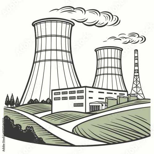 Industrial energy infrastructure featuring cooling towers and smokestack