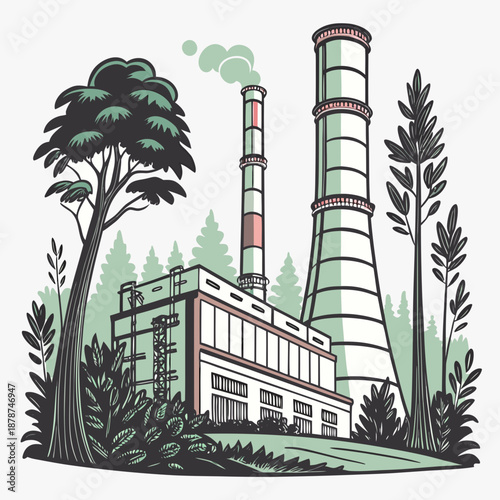 Industrial power plant with smokestacks and trees forest