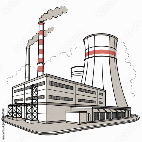 Power plant exterior with smoke emitting towers and cooling tower