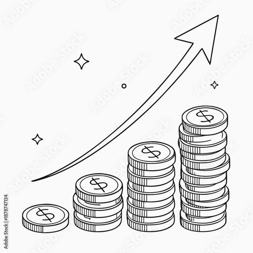 Stacks of coins with dollar sign and rising arrow growth