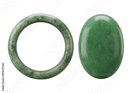 Fényképezés Green jade bangle and cabochon stone isolated