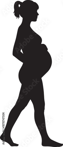 A silhouette in profile view showing a pregnant woman walking with hands supporting her back and belly Vector