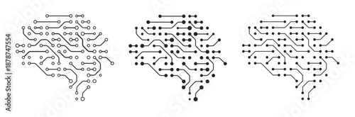 Vector illustration of brain circuits and AI, featuring a cyborg brain with a circuit board. It includes an outlined AI icon, symbolizing the digital mind and technology concepts
