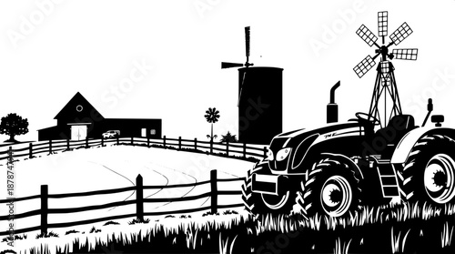 Black and white vector silhouette of a serene rural farm scene with a prominent tractor in the foreground, a rustic wooden fence meandering through the landscape, a traditional barn with a sloping roo