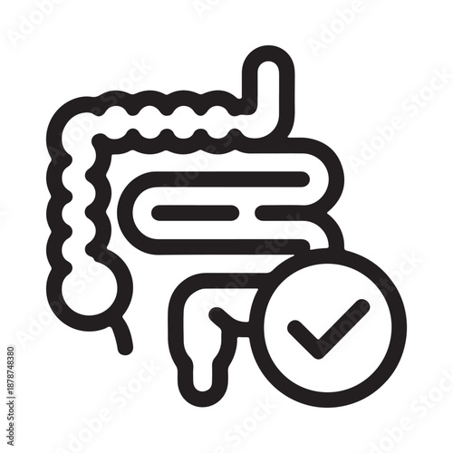 Illustration of a healthy human intestinal tract with a check mark indicating good condition