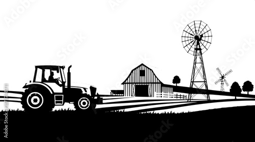 Black and white minimalist farm landscape silhouette, black vector illustration with clean lines and simple shapes, a detailed tractor on the left side with prominent wheels and a rugged design, a rus