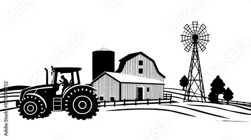 Black and white minimalist farm landscape silhouette, black vector illustration with clean lines and simple shapes, a detailed tractor on the left side with prominent wheels and a rugged design, a rus