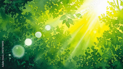 Bright green leaves illuminated by sunbeams, a beautiful watercolor nature scene with sun-drenched foliage