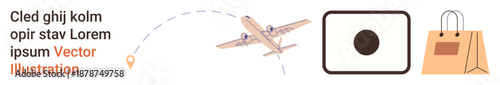 Travel, e-commerce, retail logistics, global delivery, navigation planning, modern transport. Airplane flying near map pin, barcode in square shopping bag. E-commerce and retail logistics concept