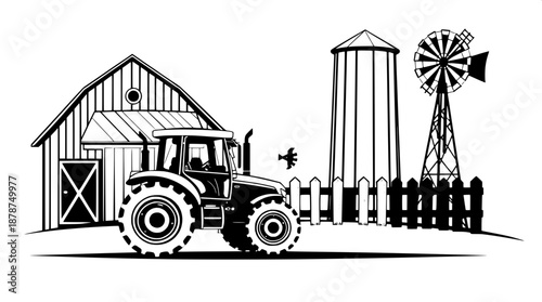 Monochrome farm illustration featuring solid black shapes on a clean white background with a prominent agriculture theme, including a sturdy tractor with visible wheels and a exhaust pipe, a tradition