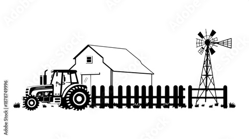 Monochrome farm illustration featuring solid black shapes on a clean white background with a prominent agriculture theme, including a sturdy tractor with visible wheels and a exhaust pipe, a tradition