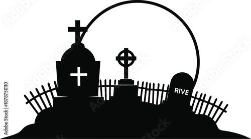 Silhouette of a church and cemetery at dusk with a large arch