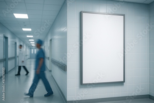 Empty hospital corridor with poster.