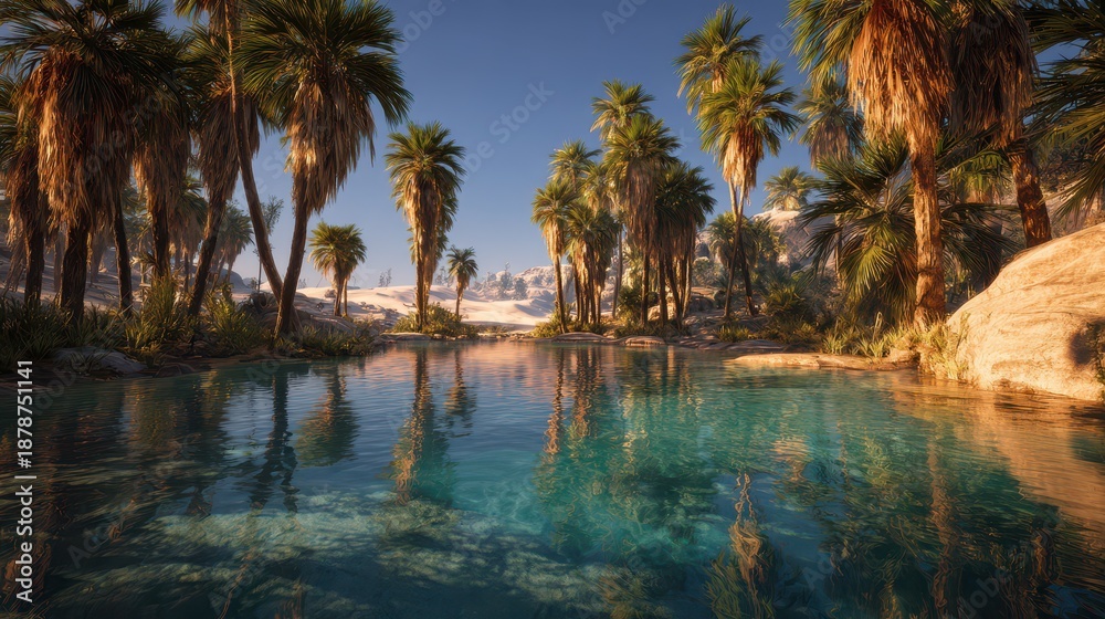Obraz premium Desert oasis scene with tranquil turquoise water and tall date palms