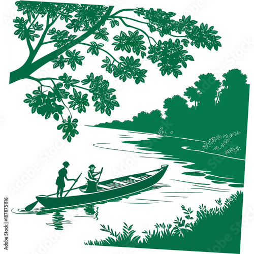 Green tinted of people in a boat on a serene river